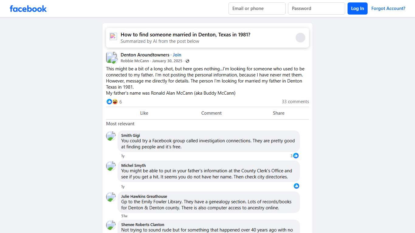 Denton Aroundtowners This might be a bit of a long shot, but here goes nothing...I'm looking for someone who used to be connected to my father Facebook